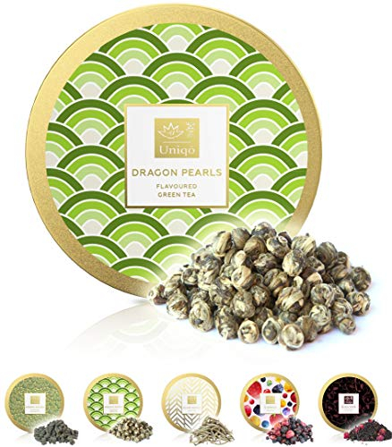 Tea Uniqo® Jasmintee Dragon Pearls - Tee Geschenk | Jasmin Drachenperle natürlich aromatisierter Grüntee lose in edler Geschenkdose | Glutenfrei - Vegan - Ohne Zusatzstoffen