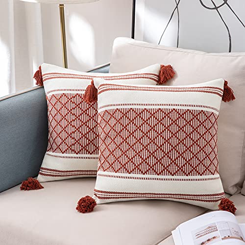 VOFANK 2er Set Boho Kissenbezug Baumwolle Kissenhülle Dekokissen Jacquard Quaste Dekorative Kissenbezüge Sofakissen für Sofa Couch Schlafzimmer Wohnzimmer Auto (Rot, 50 x 50 cm)