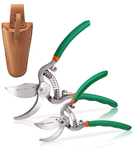 SPEEDWOX 2 Stück Bypass-Gartenscheren-Set, 15,2 und 20,3 cm, professionelle Handschere mit 65 Mn-Stahlklinge, Gartenschere und Trimmer mit Lederetui