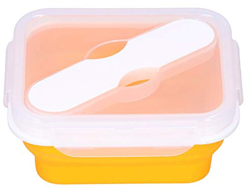 Fiambrera Bento para niños, recipientes de silicona para almuerzo, recipientes plegables para preparación de alimentos con cuchara para almuerzos infantiles, 600 ml(naranja)
