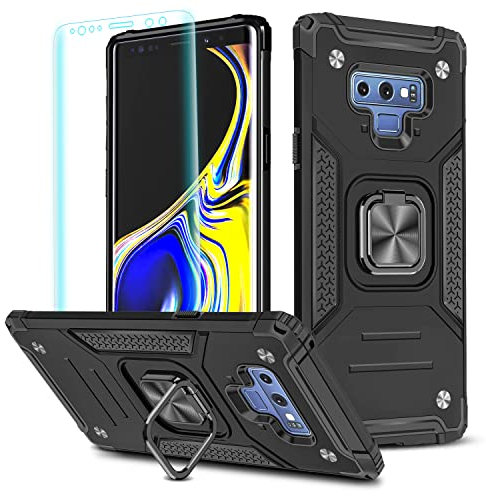 YmhxcY Compatible with Galaxy Note 9 Case with 3D Curved Screen Protector,Armor Grade Cases with Rotating Holder Kickstand Non-Slip Hybrid Case For Samsung Galaxy Note 9 6.4 KK Black