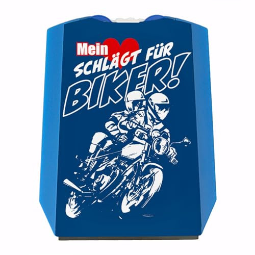 speecheese Motorrad Parkscheibe mit Biker Motiv in blau mit 2 Einkaufswagenchips mit Eiskratzer Wasserabstreifer und Einkaufswagen-Chips Motorrad parken Herz Parkplatz Motorrad-Fan für Paare