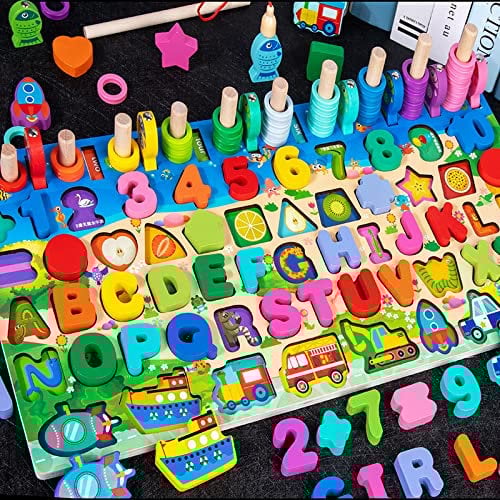 Wooden Puzzles for ToddlersColor Alphabet Shape Number Sorting Fishing Game Montessori Toys, Math Stacking Block Learning Jigsaw Board 8 in1, for Kids 3+ Years Old Girls Boys