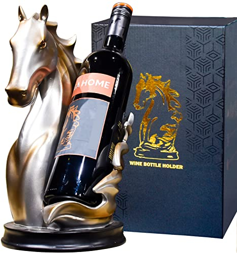 YINGAVERSAI Wine Bottle Holder & Rack - Tabletop Horse Statue Decorative Storage Organizer, Kitchen & Cellar Wine Storage, Silver