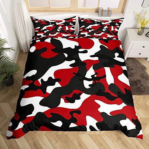 Kinder Jungen Camo Bettbezug Army Camouflage Bettwäsche-Set für Mädchen Teenager Jugend Mann Buntes Muster Art Decor Bettwäsche 155x220 cm Schwarz Rot Weiß Bettwäsche mit 1 Kissenbezügen