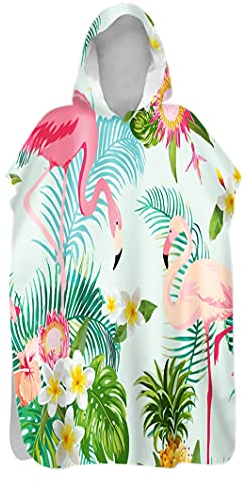 Hiseng Badeponcho für Kinder Erwachsene, Flamingo Drucken Bademantel Weich Badetuch Mikrofaser Schnelltrocknend Surf Poncho Schwimmen Strand Poncho mit Kapuze (Frangipani,80x145cm)