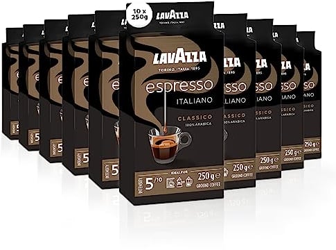 Lavazza, Espresso Italiano Classico, Café Molido Natural, 10x250 g, para Cafetera Italiana, de Filtro, Francesa, Notas Florales y Afrutadas, 100% Arábica, Intensidad 5, Tueste Medio, Amazon Exclusive