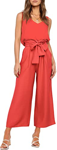 FANCYINN Frauen 2 Stück Casual Trainingsanzug Sommer Ärmelloses Tank Top Hose mit hoher Taille Fluoreszierendes Orange Rot Top & Hose L