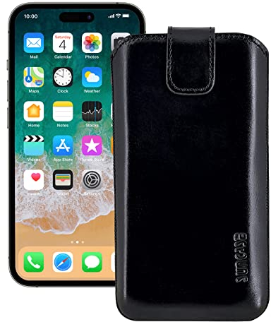 Suncase ECHT Leder Tasche kompatibel mit iPhone 14 Pro (6,1 Zoll) mit ZUSÄTZLICHER Transparent Hülle | Schale | Silikon Bumper Handytasche (mit Rückzugsfunktion und Magnetverschluss) in schwarz