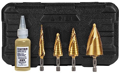 Klein Tools 25950 Step Drill Bit Set, Spiral Double Fluted, Titanium Nitride Coating, 1/4-Inch Impact Shank, Rugged Case, 4-Piece