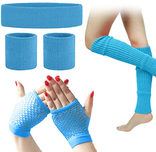 Leg Warmers Fishnet Gloves Headband Wristbands Neon Set, 80s Women Fancy Dress Costume Accessories, 1980s Retro Theme Party Costumes (Blue)