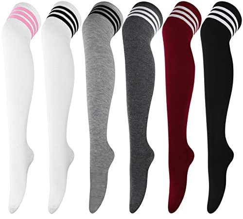 DRESHOW 6 Paar Damen und Mädchen Kniestrümpfe Overknee Lange Strümpfe Streifen Oberschenkel Hohe Socken Sport Socken Leggings Strümpfe