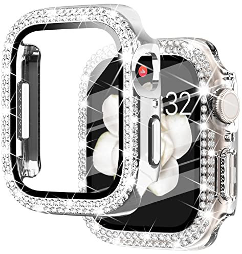 NewWays 2 Pack Compatible with Apple Watch Case 44mm Built-in Screen Protector,Women Diamond Bling Cases for iWatch Series SE(2025-2020) 6 5 4,Silver/Clear