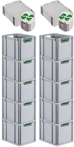 PROREGAL SuperSparSet 10x Eurobox NextGen Color mit Auflagedeckel & Schiebeschnappverschlüsse, HxBxT 32x30x40cm, 30L, Griffe grün offen, Glatter Boden, Eurobehälter Transportbox Transportbehälter
