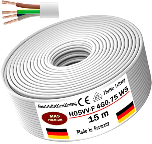 MAS Premium Von 5 bis 100m Kunststoffschlauchleitung H05VV-F 2, 3 oder 5 x0,75; x1; x1,5 oder x2,5 und 4G0,75 Flexible Leitung Kabel Leitung Gerätekabel (H05VV-F 4G0,75 WS, 15m)