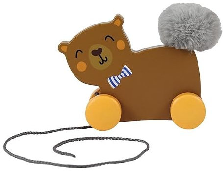 Trefl - Bear, Wooden Toys - Holzspielzeug auf Rädern, Sicheres Zugschnur, Plüschschwanz, Bio Naturholz, Sommerspielzeug für Kinder ab 12 Monaten