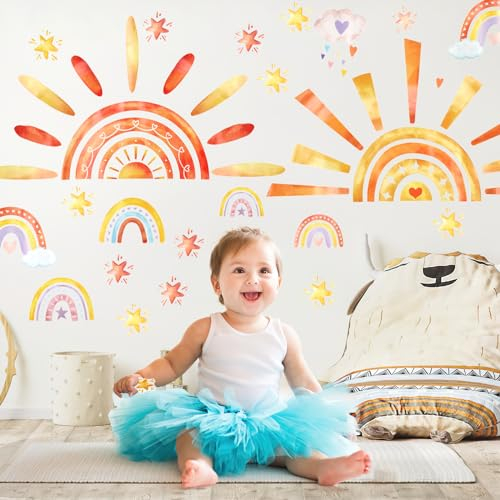 Wandtattoo Sonne, 2 Pcs Wandtattoo Kinderzimmer, Wandaufkleber Boho, Wandtattoo Regenbogen, Wandsticker Kinderzimmer Mädchen Junge, DIY Wanddeko Schlafzimmer Babyzimmer Kinderzimmer
