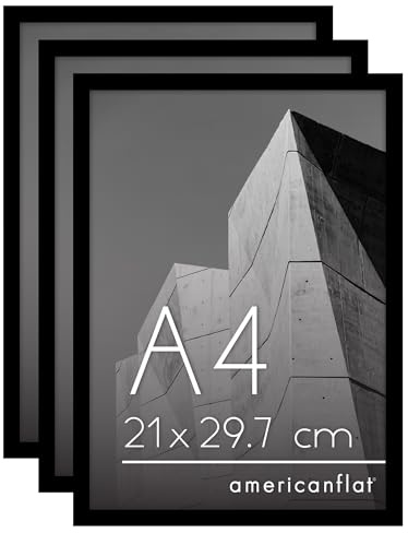 Americanflat Cadre Photo A4 Noir - Cadre A4 avec Bordure Fine, Vitre Antichoc, Chevalet et Matériel de Suspension Intégré pour Mur et Surface Plane - Lot de 3