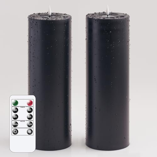 Wroxipel Waterproof Flameless LED 4 x12 Plastic Black Candles with Remote and Daily Timer, Battery Operated Fake Tall Large Pack of 2 Pillar Candles for Halloween Holiday Festival Outdoor Use