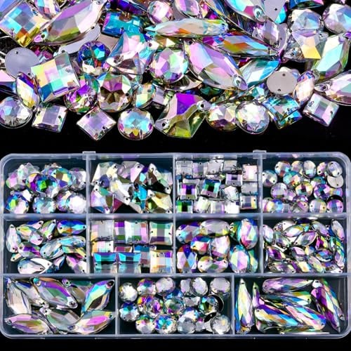 Blinginbox Strasssteine Crystal AB zum Nähen, 11-fach Box, Mischformen | Strasssteine zum Nähen mit schillerndem Glanz, verschiedene Größen mit vorgefertigten Löchern für Kleider, Kostüme, DIY
