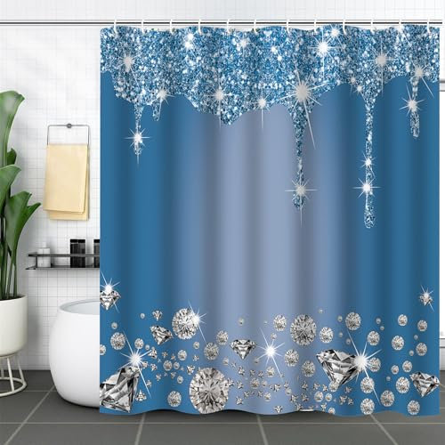 FAIRYGATE Duschvorhang Glitzer Vorhang Blau Duschvorhang Polyester 180x180 Textil Schimmelresistenter und Wasserabweisend Shower Curtain mit 12 Duschvorhangringen B8305
