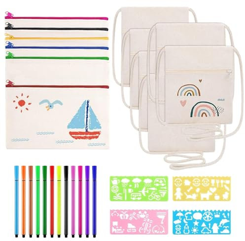 Fiyuer 12er Set Stoffbeutel zum Bemalen für Kinder, DIY Blanko Stoffbeutel Klein, mit 12 Buntstift & 4 DIY Malschablonen, Taschen zum Bemalen für Kinder, Brustbeutel für Schule Party Feier Geschenk