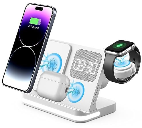 SPGUARD Wireless Charger,4 in 1 Wireless Charger Station with alarm clock for iPhone 16/15/14/13/12Series,iWatch Series 10/9/8 etc, ultra2/1(White)