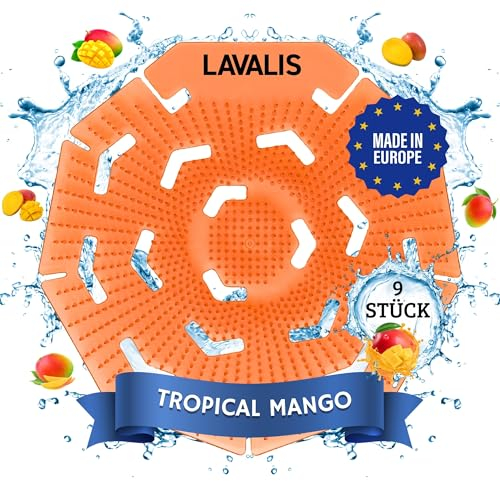 Lavalis Urinalsieb (9 Stück) Duft Tropical Mango, Spritzschutz fürs Männer WC, Urinal Einleger Matte für jedes Pissoir, 30 Tage Frischewirkung, rund orange