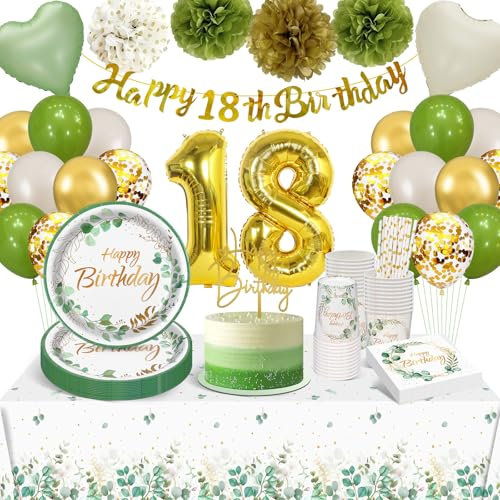 YIMAKJ 18 Ans Decoration Anniversaire, Eucalyptus Assiette Anniversaire, 100 PièCes Anniversaire Set De Vaisselle De FêTe, Avec Assiettes Carton, Tasses, Serviettes ,Pour Anniversaire 18 Ans