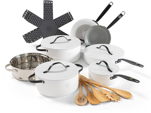 Be Living Essential 6-teiliges Kochgeschirr-Set – Keramische Antihaftbeschichtung – Induktionsgeeignet – Frei von PTFE und PFOA – Inklusive Bratpfanne, Stielkasserolle und Kochtopf – Weiß