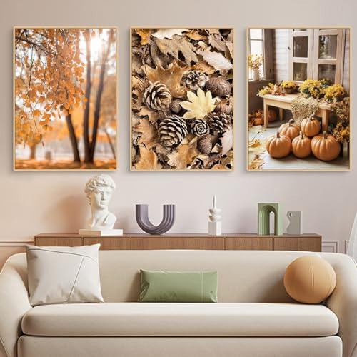 Uixxducc 3er Herbst Poster Set: Tannenzapfen, Kürbis, Blätter Bilder Set für Wohnzimmer und Schlafzimmer (40x50cm)
