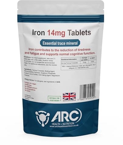 Iron Tablets High Strength 14mg – Ferrous Fumarate 60 Vegan Elemental Iron Supplements for Women & Men, Energy Tablets, Reduces Tiredness and Fatigue –Vitamin, Made in The UK