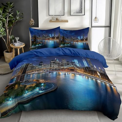 Quixora Bettwäsche New York City Nachtansicht Brooklyn Bridge Muster 155 x 220 cm Wendebettwäsche aus Mikrofaser für Mädchen und Damen, Dunkelblau, Mit 80x80 cm Kissenbezug und Reißverschluss