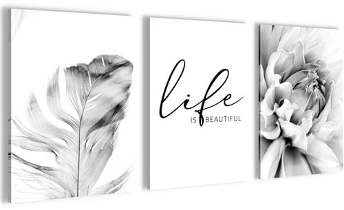 Novart Wandbilder Set Blumen Abstrakt - KOMPLETT AUFHÄNGFERTIG - Wohnzimmer Schlafzimmer Flur Deko - 3 Moderne Bilder Schwarz Weiss - N033435a