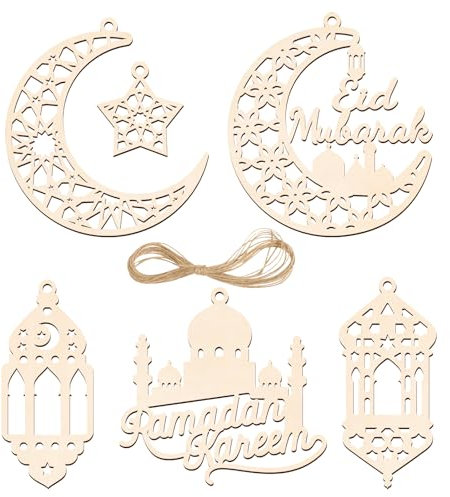BOOMTOP 12 Stück Ramadan Deko Holz Anhänger Eid Mubarak Dekoration Zuckerfest zum Basteln Aufhängen Mond Sterne Eid al-Fitr Dekoration Anhänger Muslimischen Islam Holzdeko Naturbraun
