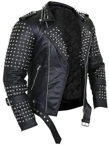 CRAFTED CRAFTS LTD Handgefertigte Herren-Jacke aus Rindsleder, lang, mit Nieten, Schwarz / silberfarben