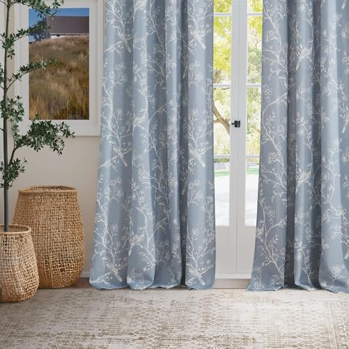 PONY DANCE Wohnzimmer Gardinen Modern Leinenvorhang mit Muster 2er Set H 245 x B 140 cm Blaue Gardinen Leinenoptik Halbtransparente Vorhänge mit Ösen Linen Curtains for Living Room