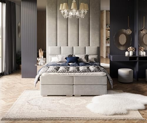 FDM Boxspringbett Polsterbett Stauraumbett Springbett mit Bettkasten 140x200, 160x200, 180x200cm hochwertigem Velours - mit gepolsterten Kopfteil (Trinity-Grau, 160x200)