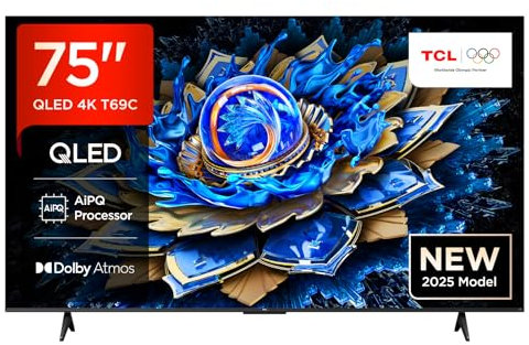 TCL 75T69C QLED 75, TV Direct LED, HDR 4K, Smart TV con Google TV (Dolby Vision y Atmos, Motion Clarity, Compatible con Google Assistant y Alexa)