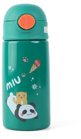 MHwan Gourde Enfant inox, 400 ml, Robuste et Étanche, Panda Mignon Gourde isotherme enfant avec Paille, pour Boissons Chaudes et Froides, Sans BPA, Adaptée aux Garçons et aux Filles