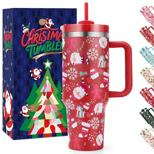 BesWin 40 oz Christmas Tumbler with Handle and Straw Lid, Triple Wall Stainless Steel Insulated Travel Mug Cup, Fit in Cup Holder, Christmas Gifts for Women Men Kids(Red Santa Gingerbread Man)