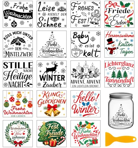 GLOBLELAND 18 Blatt Deutsche Weihnachtsgrüße Rub On Sticker 3.9x3.6 Zoll Frohe Weihnachten Transferaufkleber Frohe Festtage UV DTF Tasse Transfer Aufkleber Für Möbel Glas Holz Fotoalbum DIY