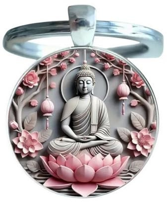 Porte-clés, bijou de sac cabochon bouddha spirituel et lotus rose.