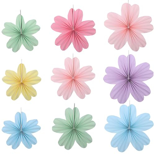 9‑Pack Pastel Paper Flowers, Macaron Hanging Paper Fan Decorations | Mixed‑size Floral Backdrop Decor, Ideal for Birthday, Wedding, Festival and Carnival Party Styling