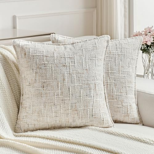 FUTEI Set of 2 Tweed Chenille Scatter Cushion Covers 45x45 cm,Cream | Checked Texture Chenille Fabric Front/Soft Velvet Back,Hidden Zipper,Machine Washable,Pilling-Resistant,Colorfast, No Filling