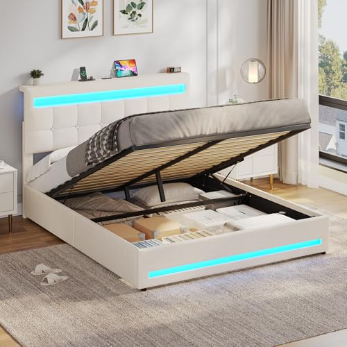 AOGLLATI Double Ottoman Bed Frame 135×190 cm with Charging Station & LED Lights, Upholstered Platform Bed frame with Under-bed Storage and Storage Headboard, No Box Spring Needed,Off-white Linen