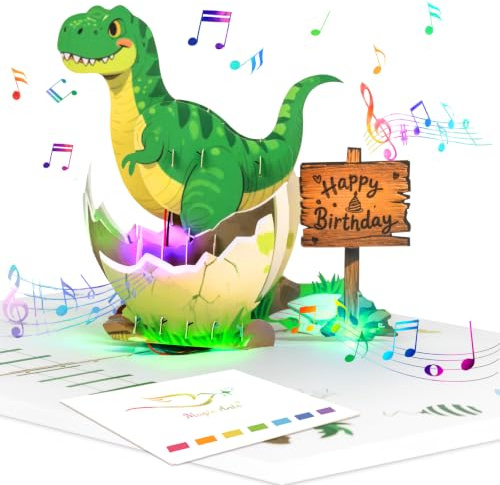 Magic Ants Carte d'anniversaire musicale 3D dinosaure avec lumière, carte pop-up T Rex dinosaure qui s'éclose, pour enfants, garçons, filles, tout-petits, fils, petit-neveu