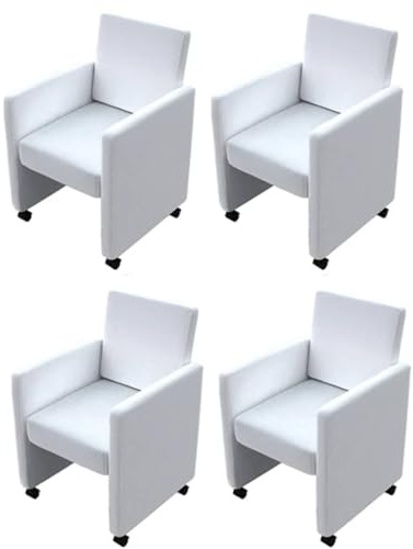mzdioop Esszimmerstühle 4 STK. Weiß Kunstleder mit Armlehne ergonomisch gepolstert, Schwingstuhl mit Rollen, Sitzhöhe 47 cm, modernes Design für Küche, Wohnzimmer, Büro, pflegeleicht und bequem