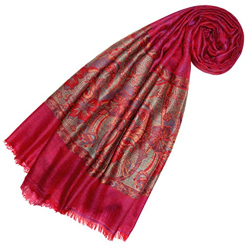LORENZO CANA Echarpe de 100% Cachemire pour la femme – 70 x 200 cm, jacquard, motif paisley, avec bordure - souple et noble – en rose couleur framboise violet ecru