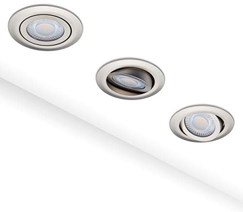 Oktaplex lighting 3er Set LED Spot 230V flach, 5W 350lm 3000K Warmweiß Ø 68mm - 74mm Lochbohrung, Einbaustrahler Einbauspots Decke Nickel gebürstet
